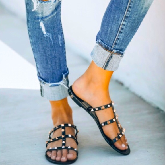 NWT | Black Gold Studded Flat Sandals - Picture 3 of 4